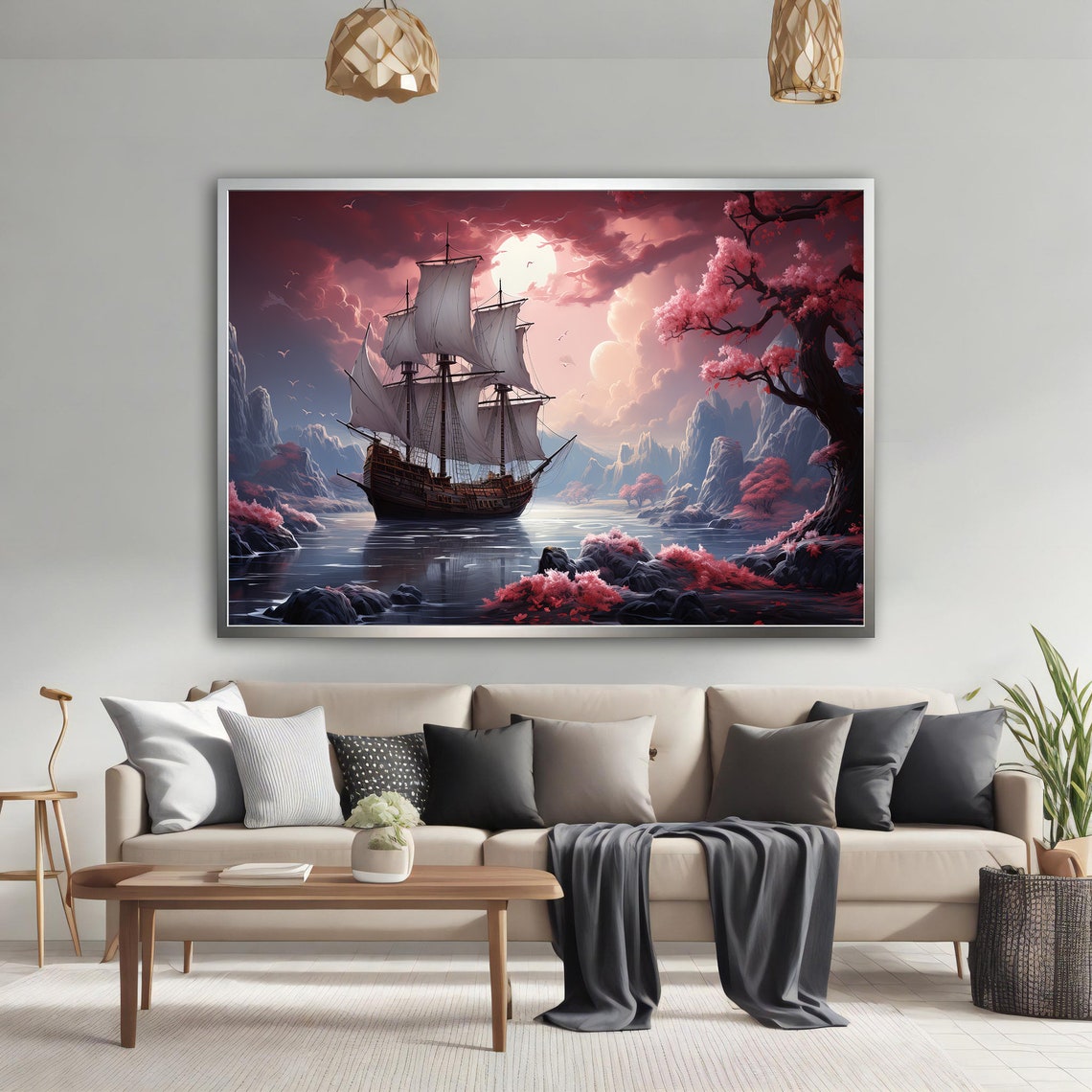 Tall Ship Pink Cherry Blossoms Fantasy Seascape Sail Art Poster - Image 3