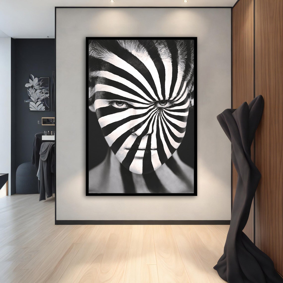 Hypnotic Spiral Face Paint Black White Woman Portrait Wall Art - Image 2