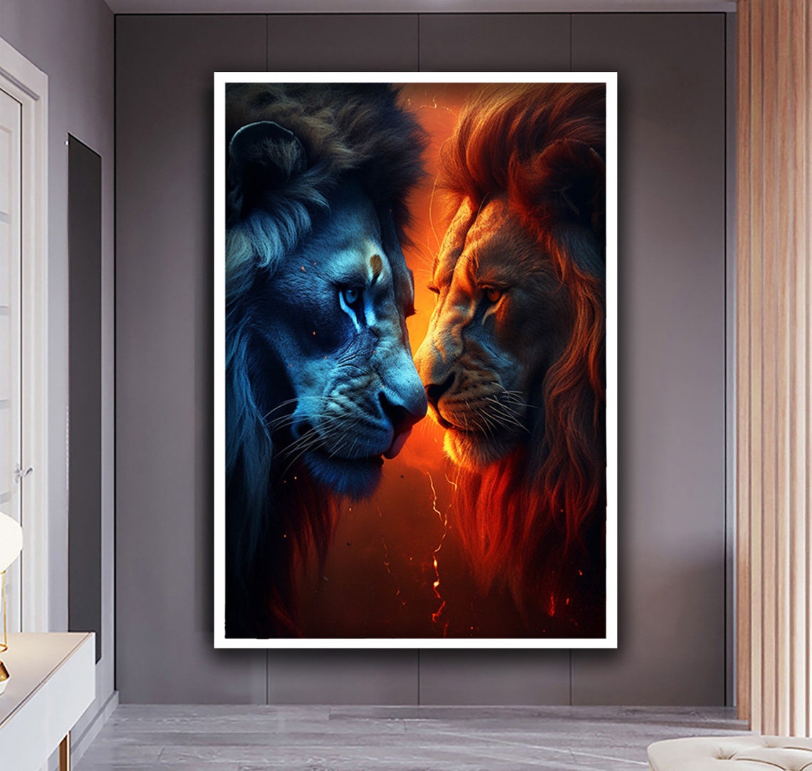 Fire And Water Lions Duel Dramatic Wildlife Animal Art Poster - Image 4