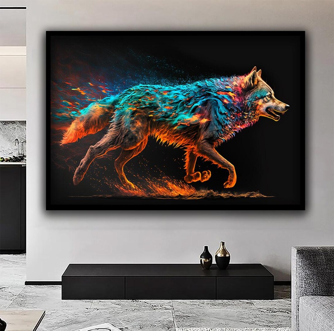 Running Wolf Fire Water Elemental Teal Orange Wildlife Fantasy Art Poster - Image 2
