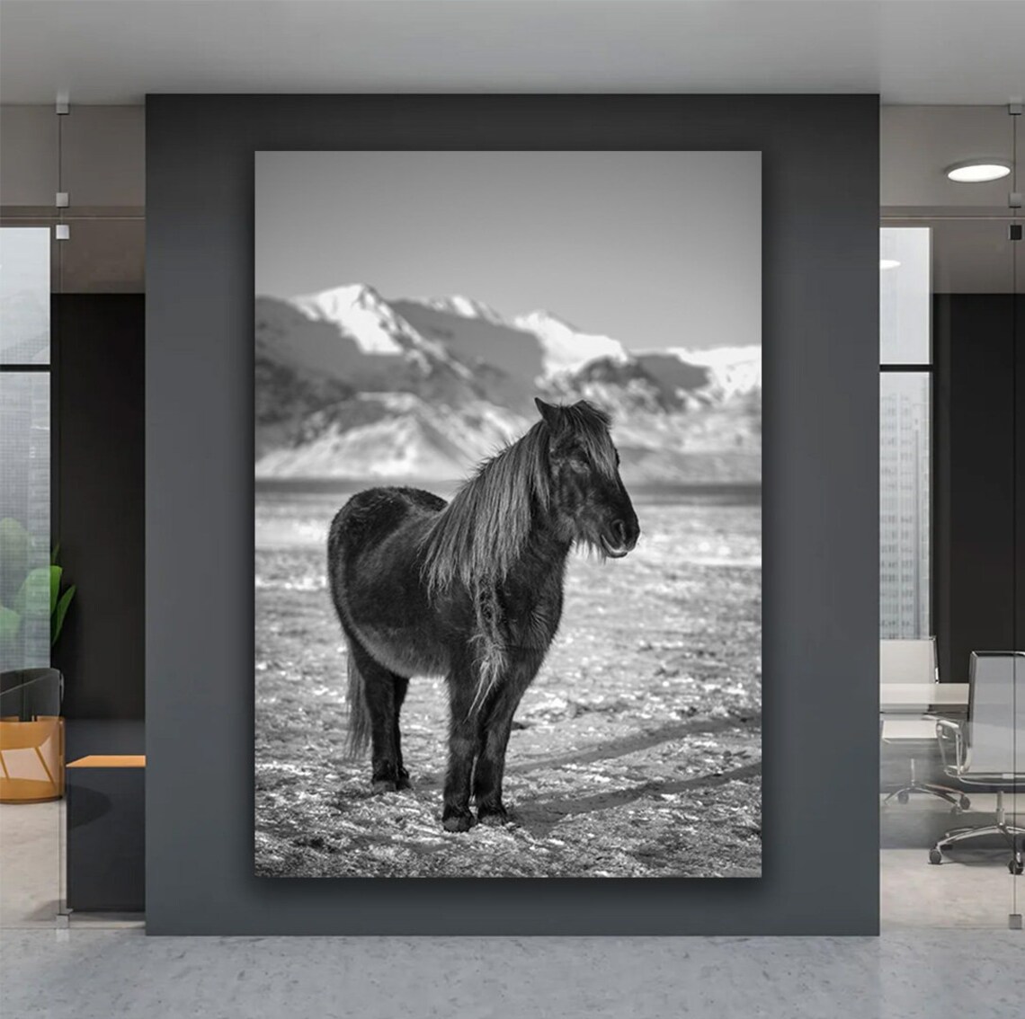 Black and White Wild Horse in Snowy Mountain Field Photo Print - Image 5