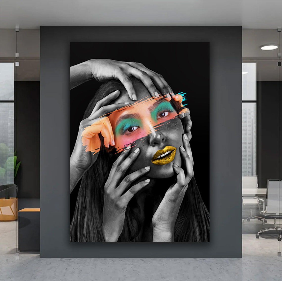 Woman Wall Art Colorful Eyes Print Gold Lip Painting Woman Portrait Green Eye Makeup Abstract Girl Face Art