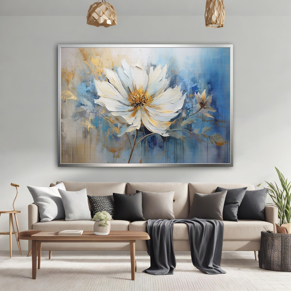 Large White Daisy Gold Center Blue Cream Abstract Floral Poster - Image 2