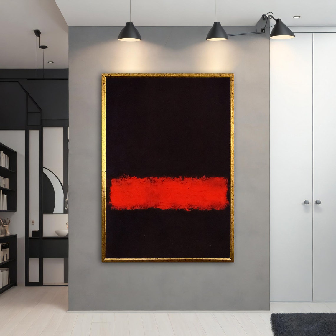Mark Rothko Style Black Field with Bold Red Stripe Abstract Art Print