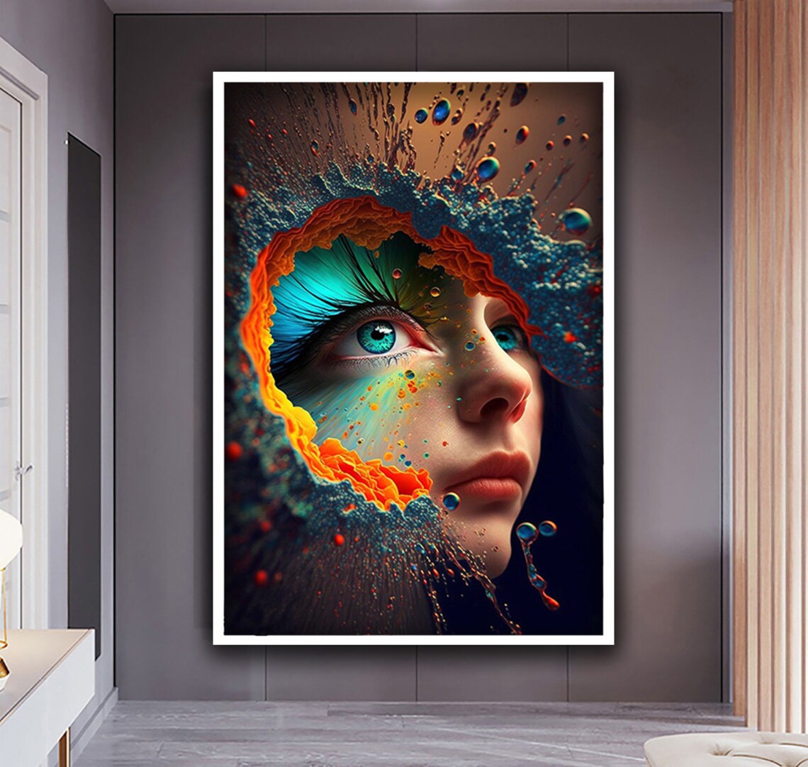 Surreal Woman Blue Eyes Colorful Paint Splash Explosion Modern Art Poster - Image 3