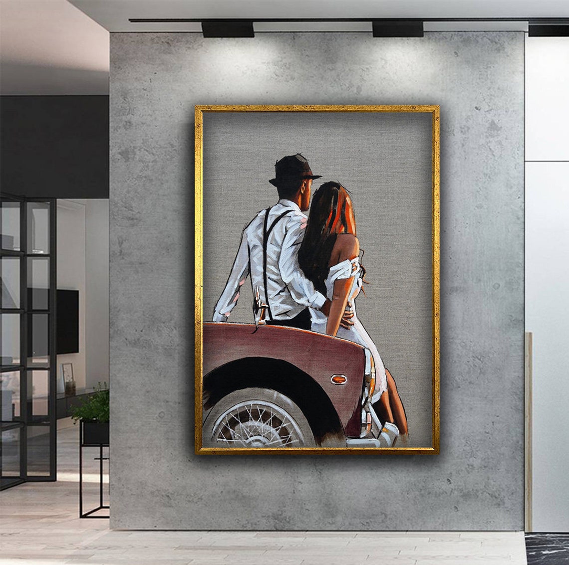 Retro Style Couple Leaning on Vintage Red Car Romantic Art Print - Image 3