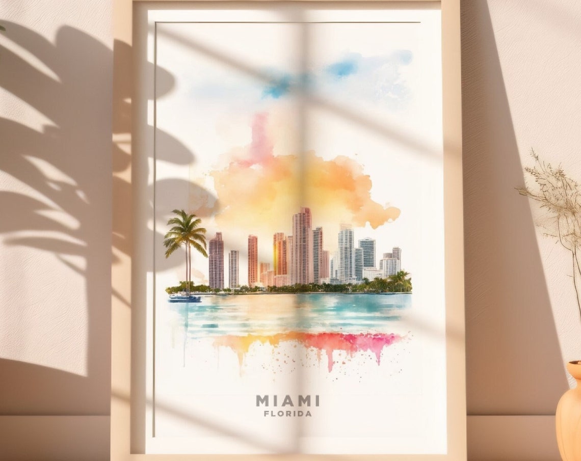 Miami Travel Print Art Pink Blue Miami Travel Watercolor Print Trendy Wall Print Miami Poster Travel Posters Usa - Image 2