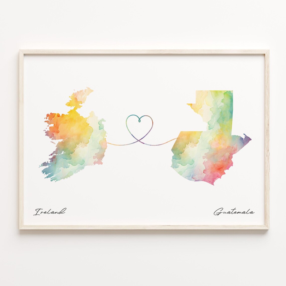Ireland to Guatemala Watercolor Country Maps Heart Long Distance Love Print
