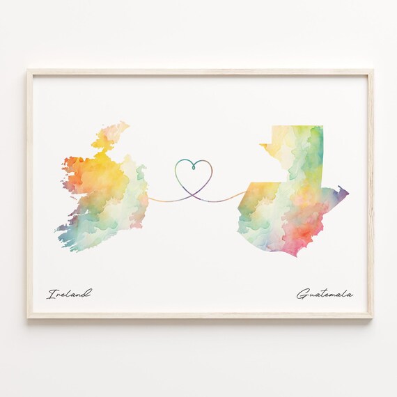 Ireland to Guatemala Watercolor Country Maps Heart Long Distance Love Print