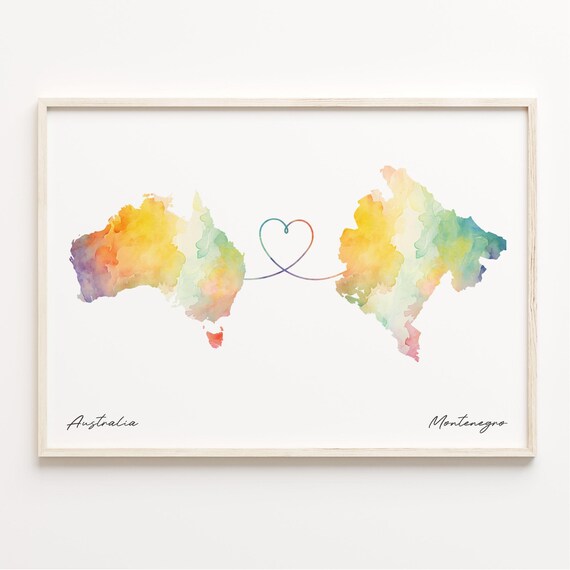 Australia To Montenegro Long Distance Love Watercolor Map Print