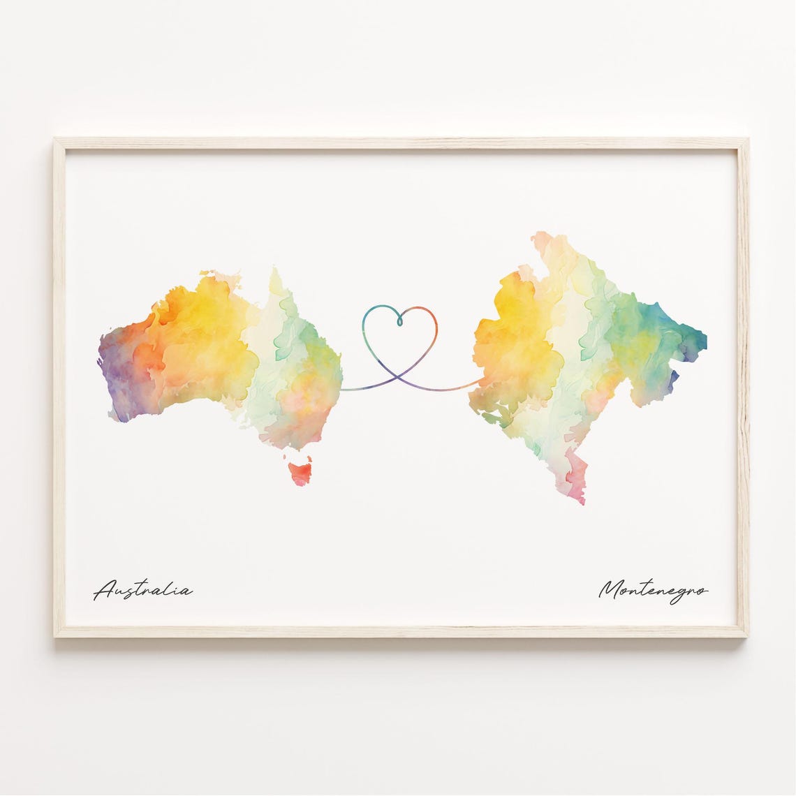 Australia To Montenegro Long Distance Love Watercolor Map Print