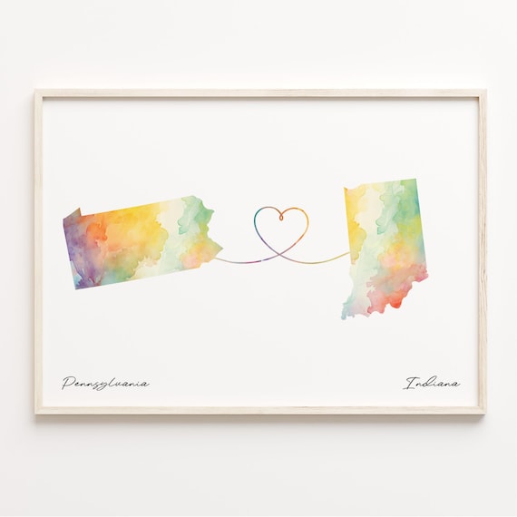 Pennsylvania To Indiana Watercolor Heart Map Long Distance Love Poster