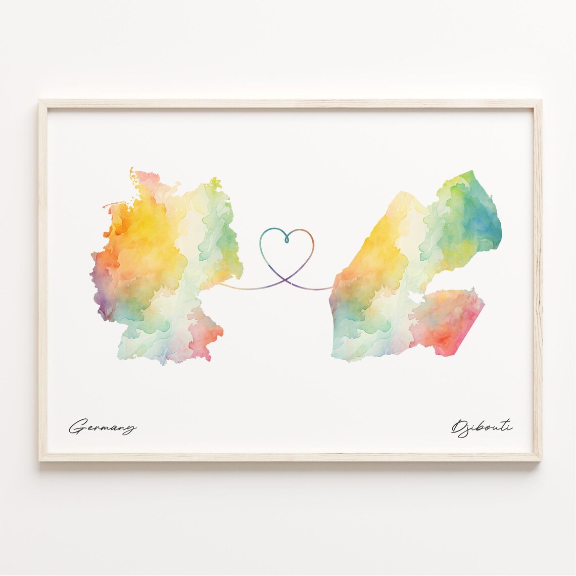 Germany To Djibouti Watercolor Heart Map Long Distance Love Poster