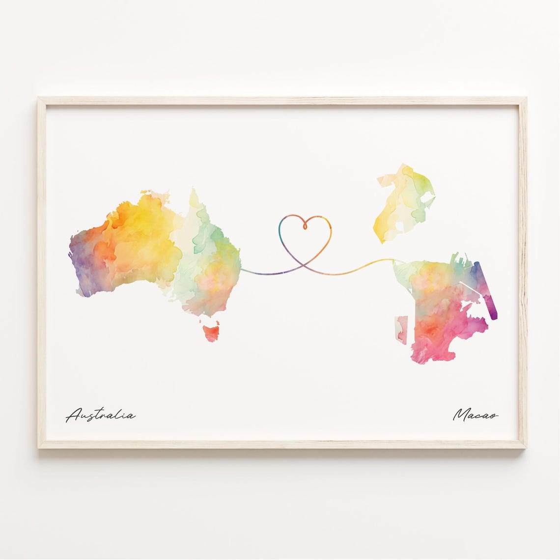 Australia To Macao Watercolor Map Heart Connection Couple Art Poster