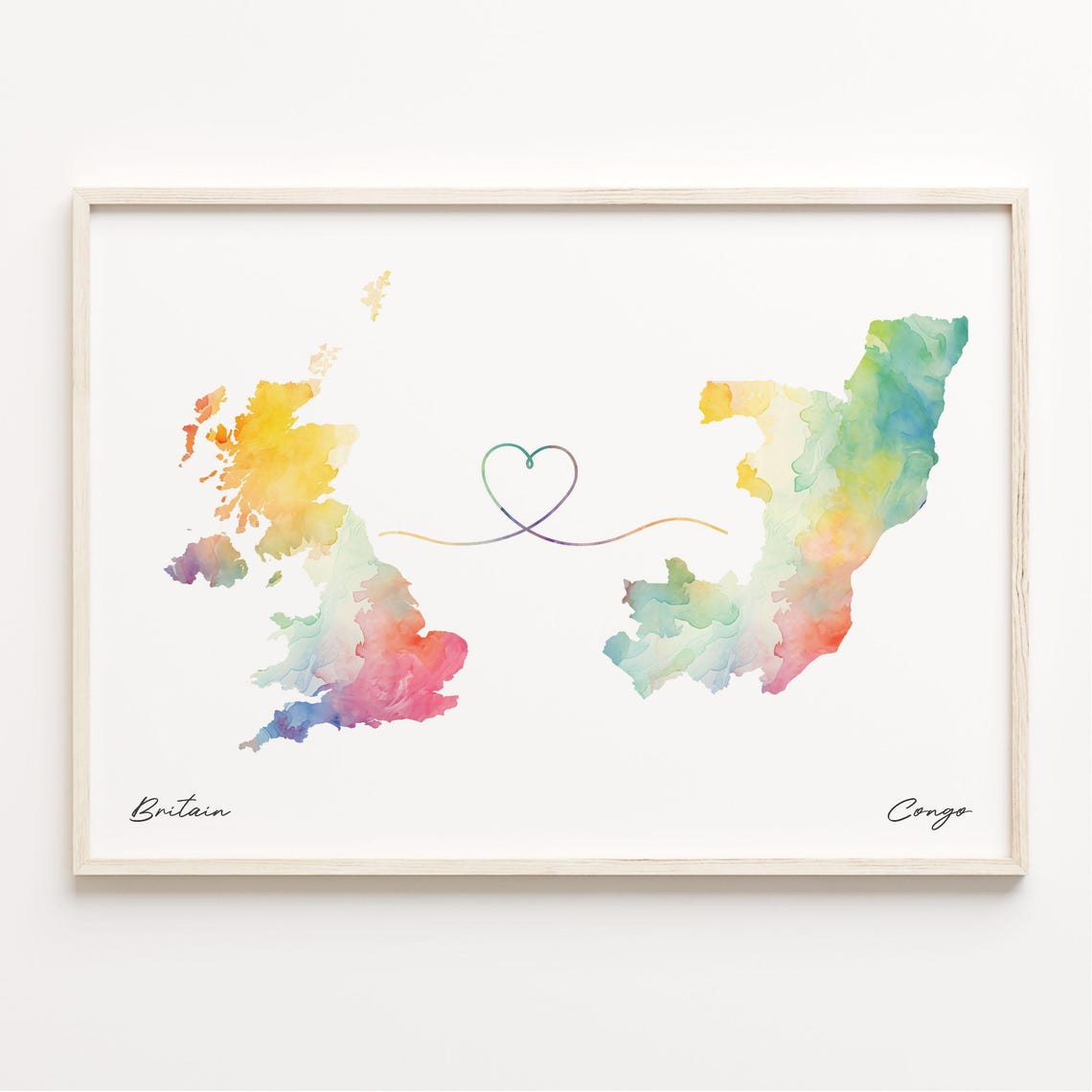 Britain To Congo Watercolor Map Heart Connection Gift Poster