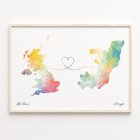 Britain To Congo Watercolor Map Heart Connection Gift Poster
