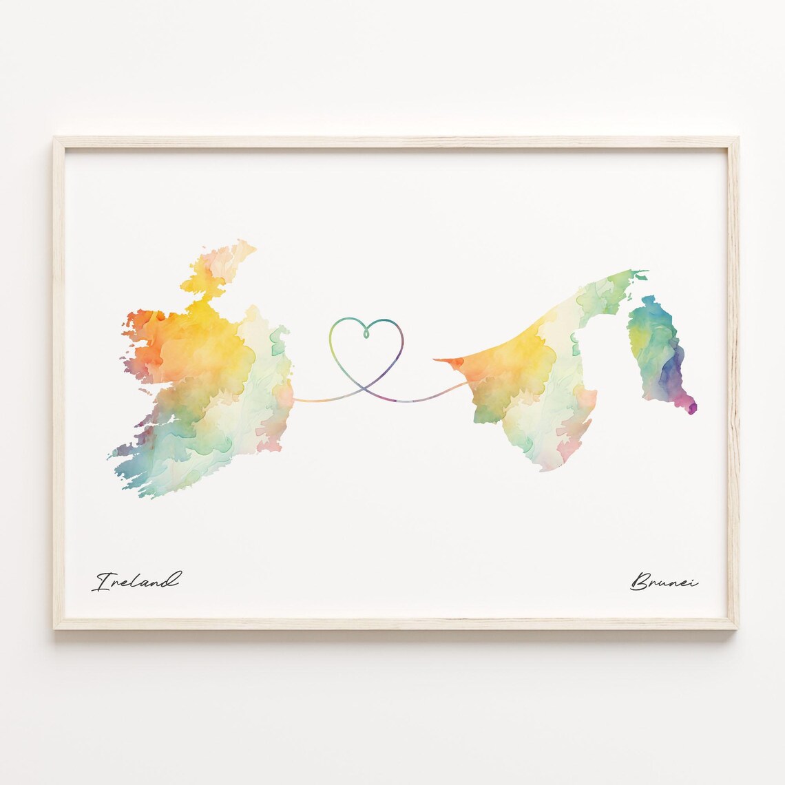 Ireland To Brunei Watercolor Country Maps Heart Connection Line Wall Art