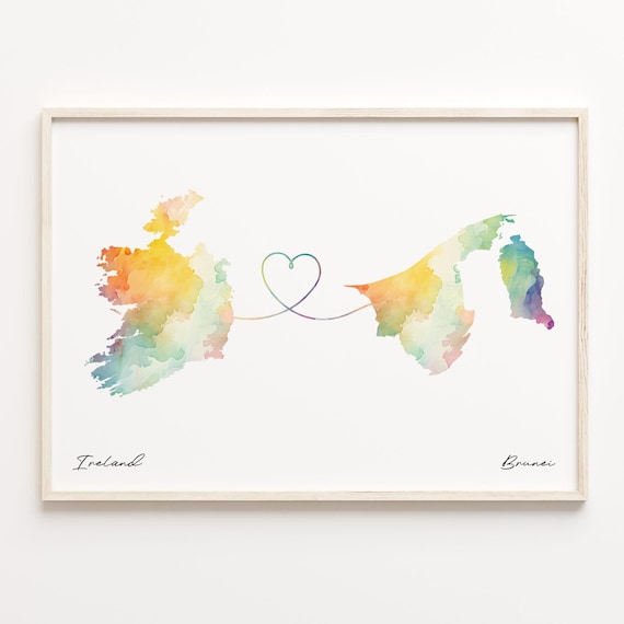 Ireland To Brunei Watercolor Country Maps Heart Connection Line Wall Art