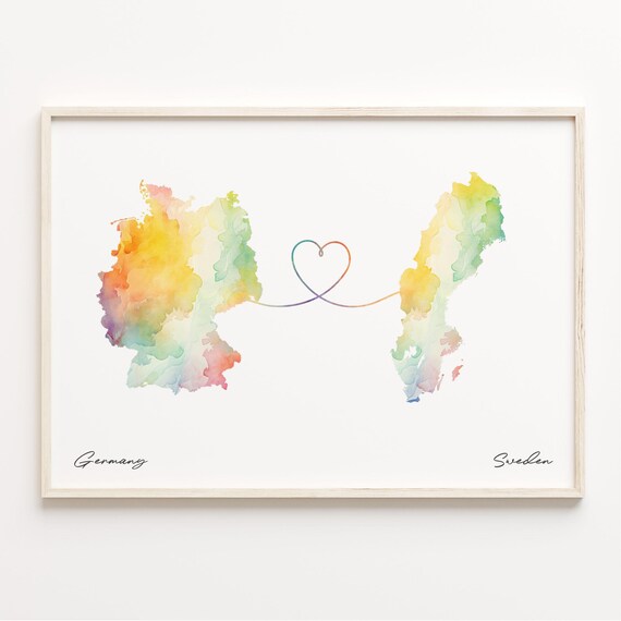Germany to Sweden Watercolor Map Love Heart Connection Art Poster