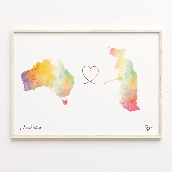 Australia To Togo Watercolor Country Maps Heart Connection Line Wall Art