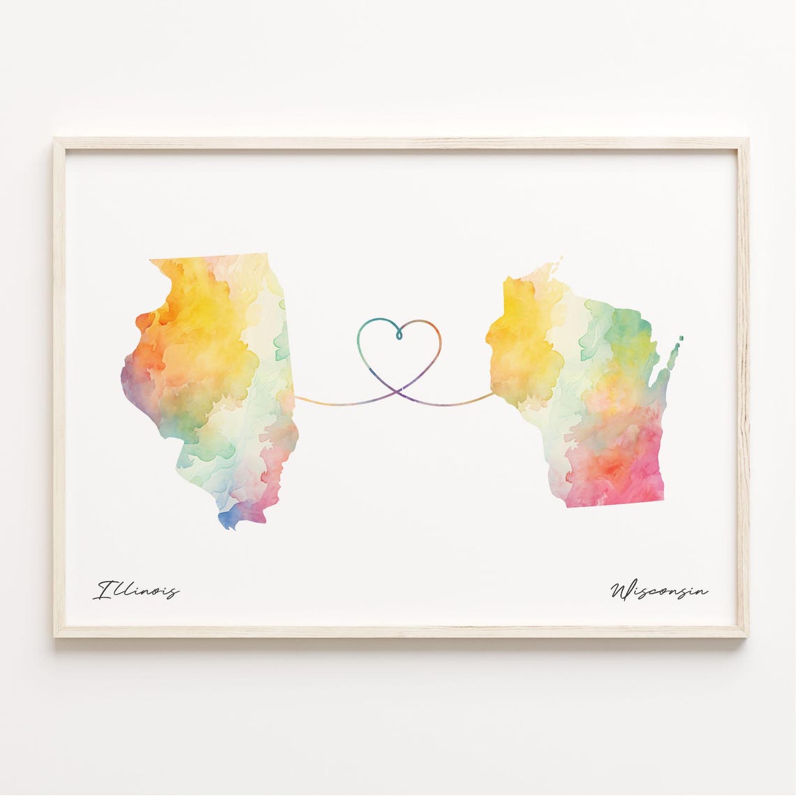 Illinois to Wisconsin Watercolor Heart Map Long Distance Poster