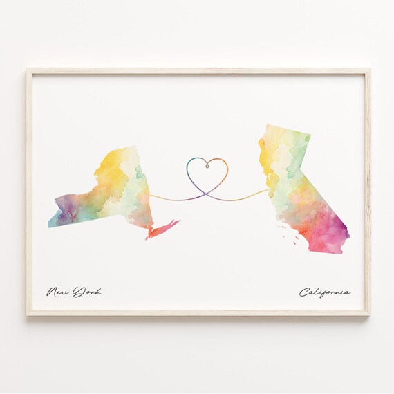 New York and California Watercolor Map Heart Long Distance Art Print