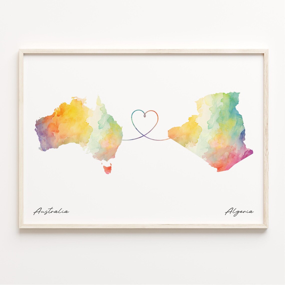 Australia To Algeria Watercolor Map Heart Line Connection Travel Poster