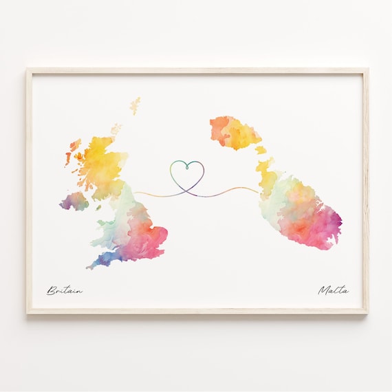 Britain to Malta Watercolor Long Distance Love Map Art Poster