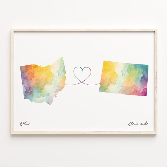 Ohio To Colorado Watercolor Map Heart Long Distance Love Poster