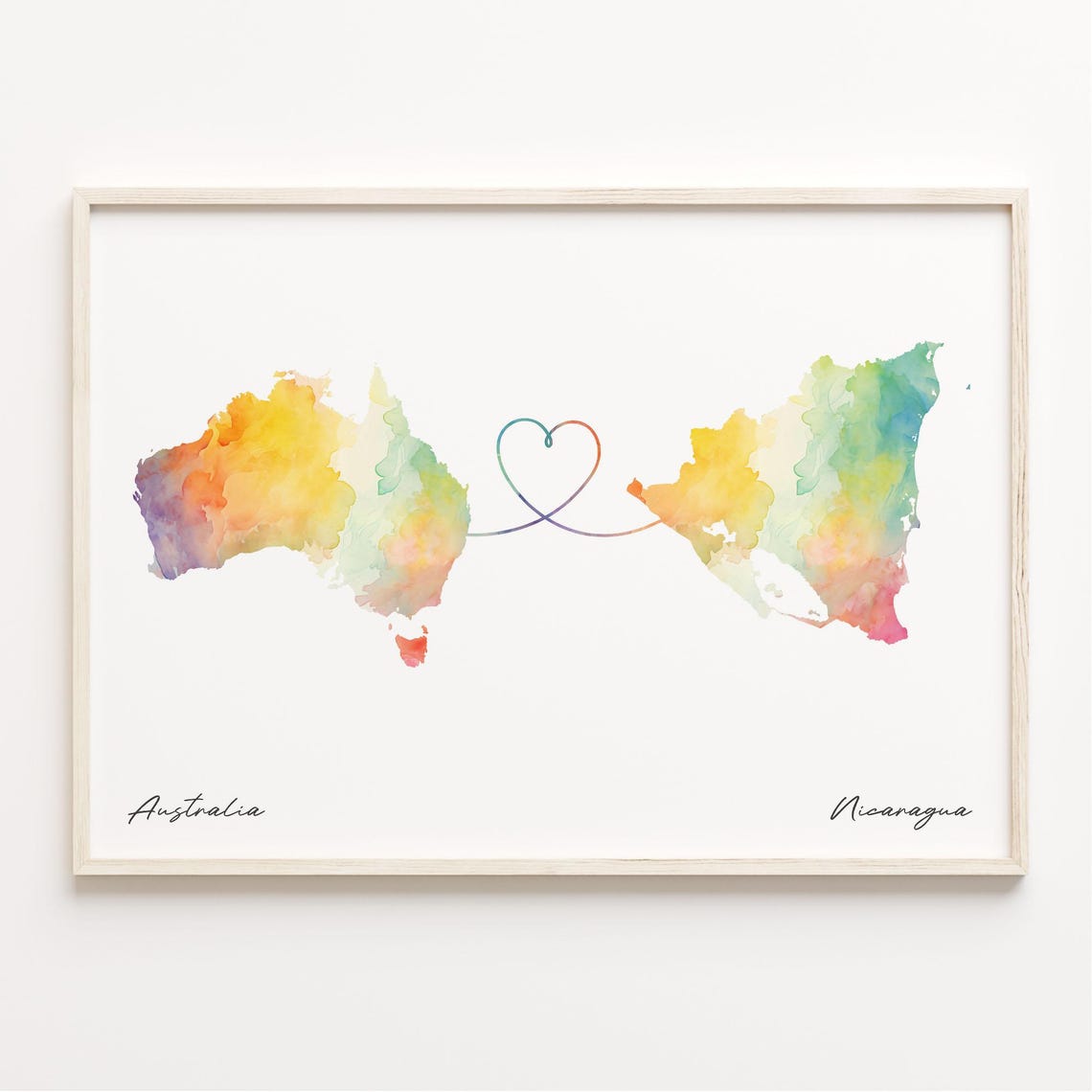 Australia To Nicaragua Watercolor Map Heart Connection Poster