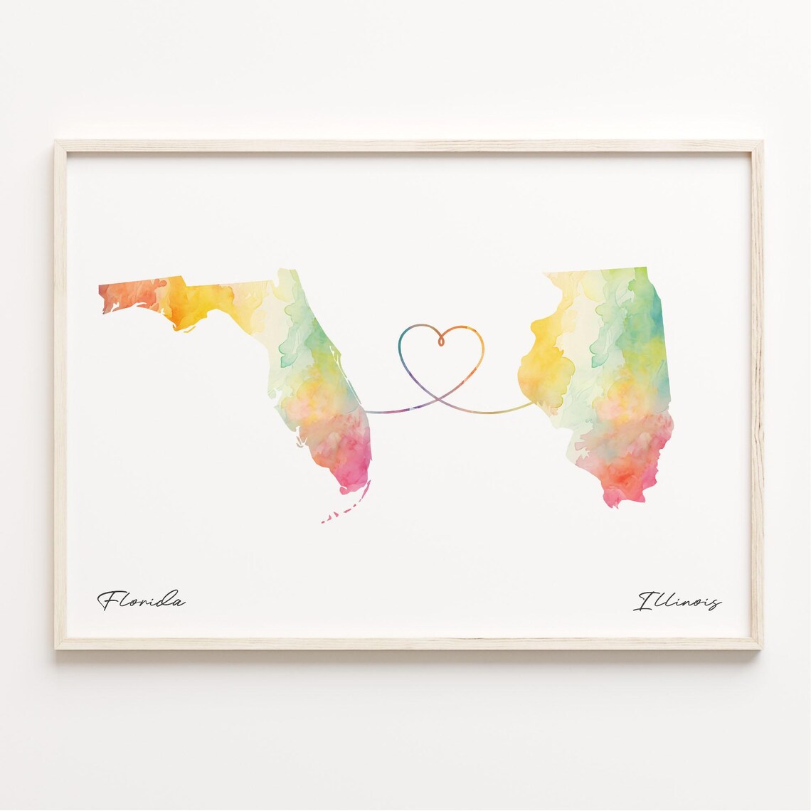 Florida to Illinois Watercolor Map Heart Connection Gift Art Poster