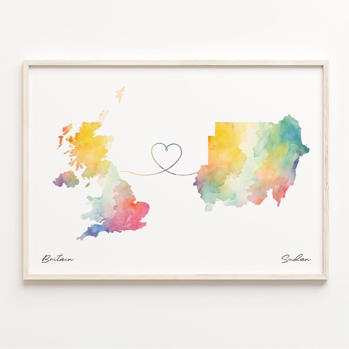 Britain to Sudan Watercolor Heart Map Long Distance Connection Poster