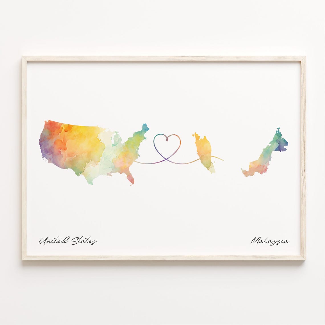 Us To Malaysia Watercolor Map Art Print