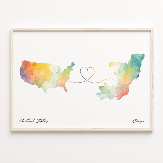 United States To Congo Watercolor Heart Map Long Distance Love Poster