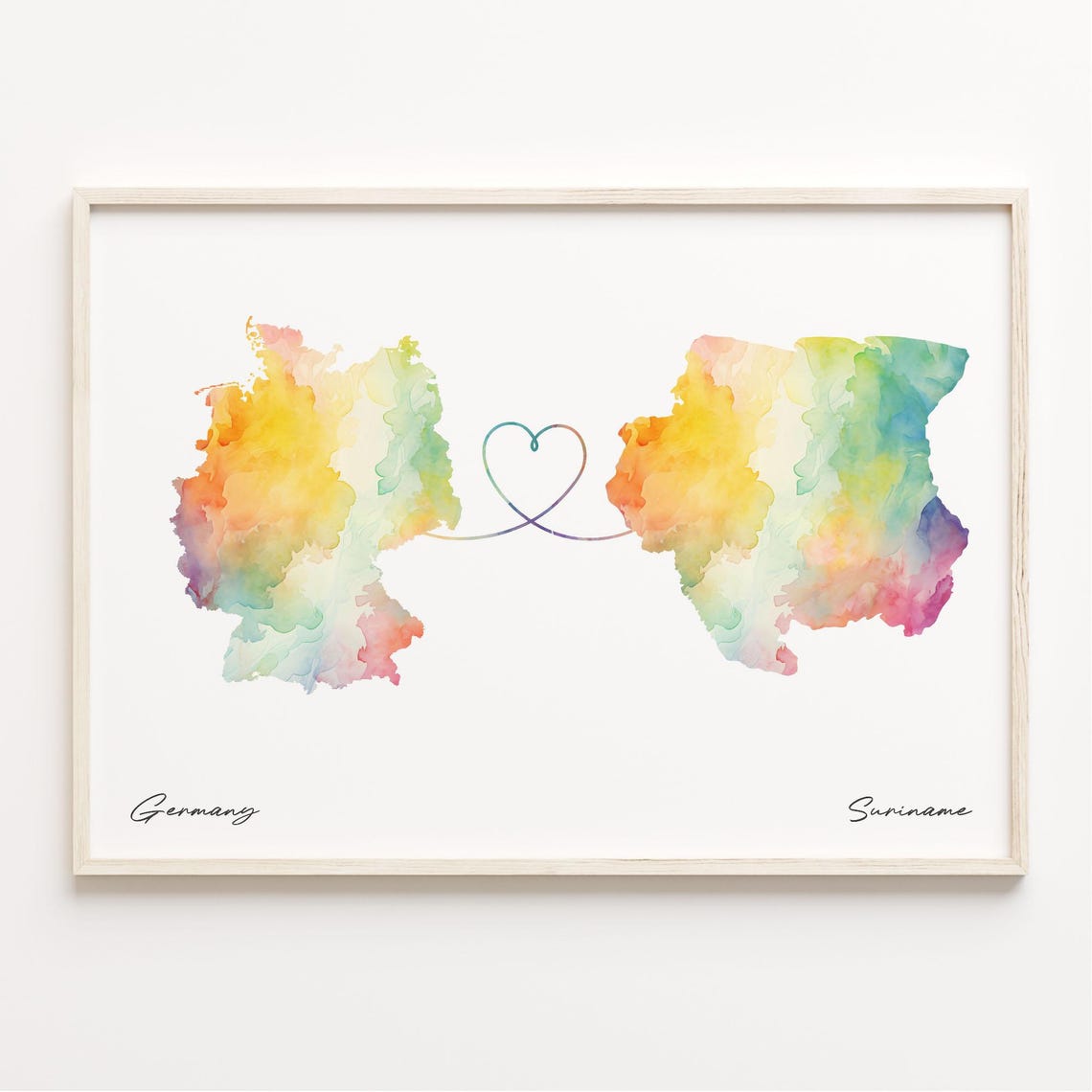 Germany to Suriname Watercolor Map Poster with Heart Connection