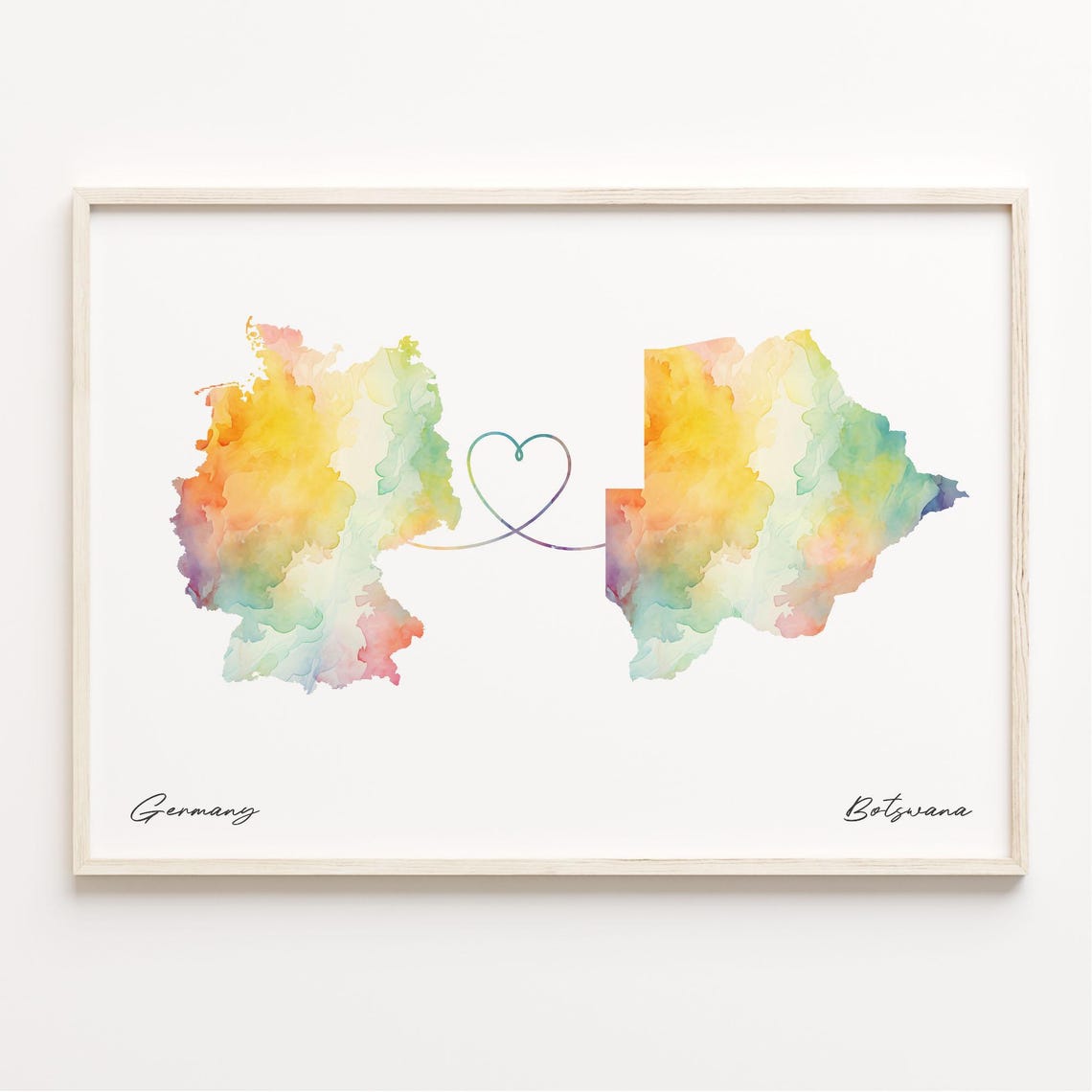 Germany to Botswana Watercolor Map with Heart Connection Poster