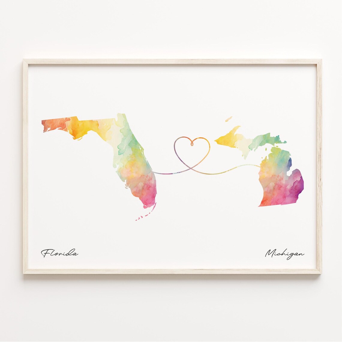 Florida to Michigan Watercolor Map Long Distance Love Heart Print