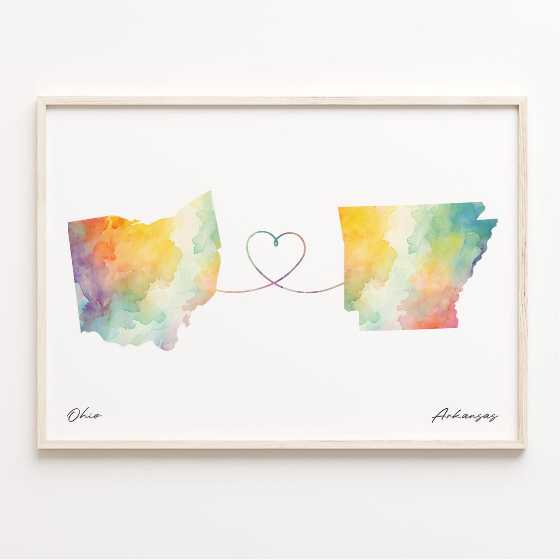 Ohio To Arkansas Watercolor State Map Heart Connection Art Poster