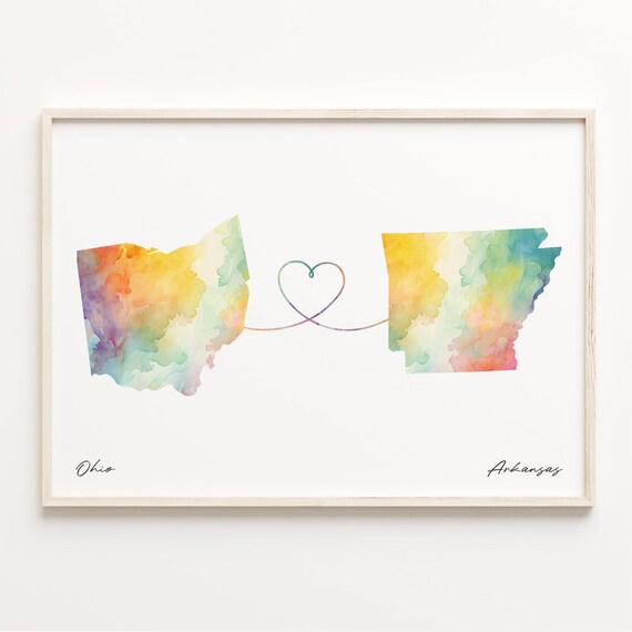 Ohio To Arkansas Watercolor State Map Heart Connection Art Poster