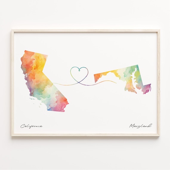 California to Maryland Watercolor Map Heart Long Distance Art Print
