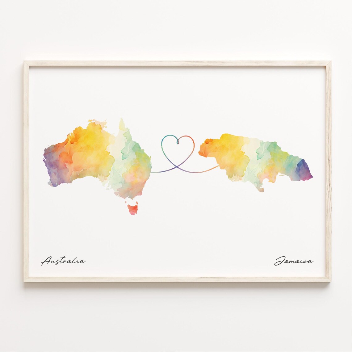 Australia To Jamaica Watercolor Long Distance Heart Map Art Poster