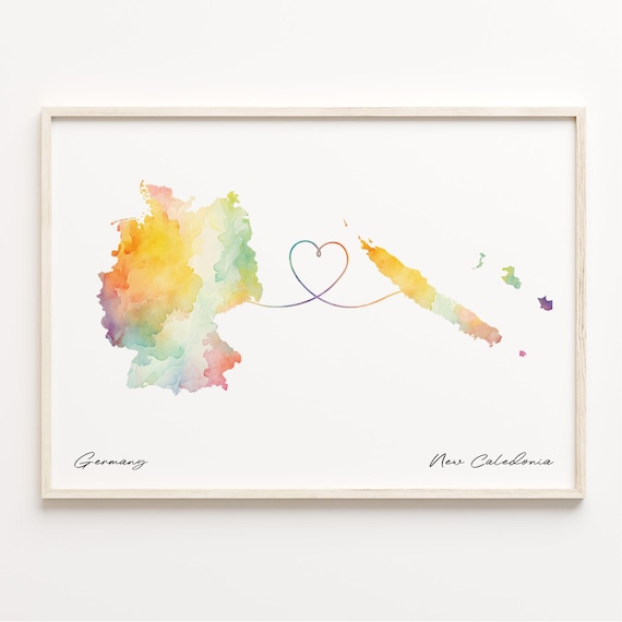 Germany to New Caledonia Watercolor Map Poster with Heart Connection
