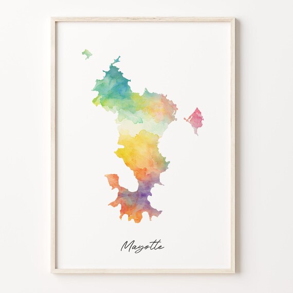 Mayotte Watercolor Map Rainbow Script Minimalist Country Wall Art