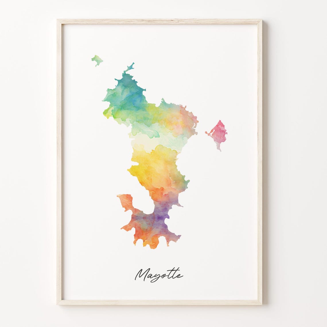 Mayotte Watercolor Map Rainbow Script Minimalist Country Wall Art