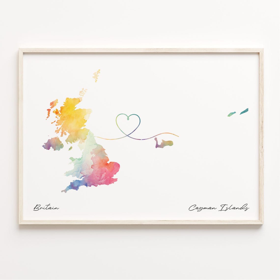 Britain To Cayman Islands Watercolor Map Heart Love Connection Print
