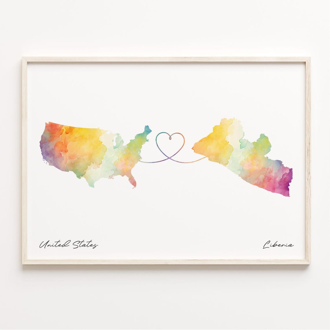 United States to Liberia Watercolor Map Long Distance Love Poster