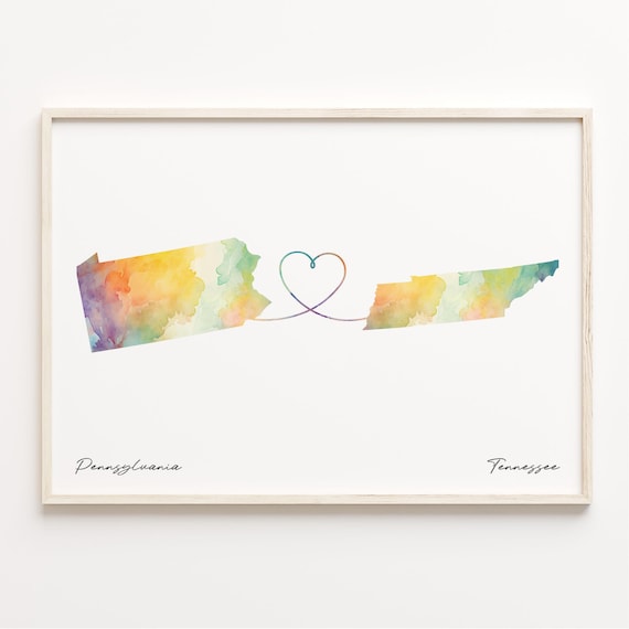 Pennsylvania To Tennessee Watercolor Heart Map Long Distance Poster