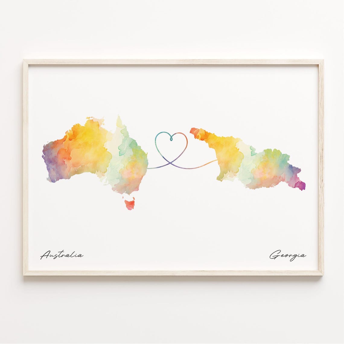 Australia to Georgia Long Distance Watercolor Heart Map Art Print