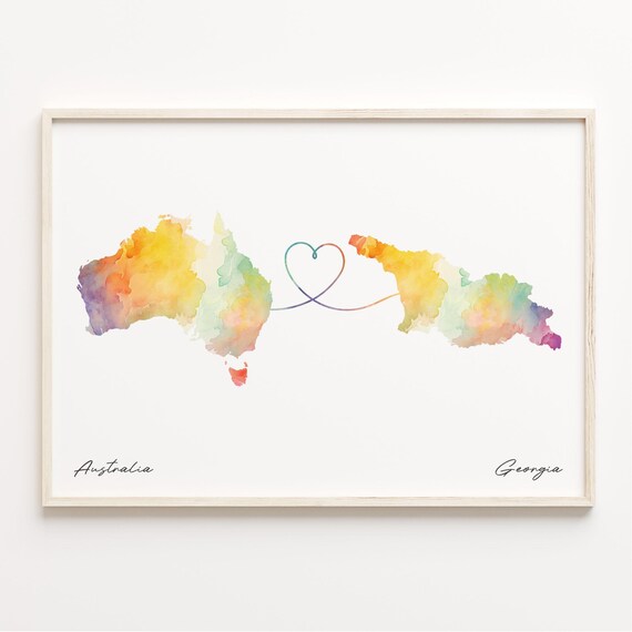 Australia to Georgia Long Distance Watercolor Heart Map Art Print