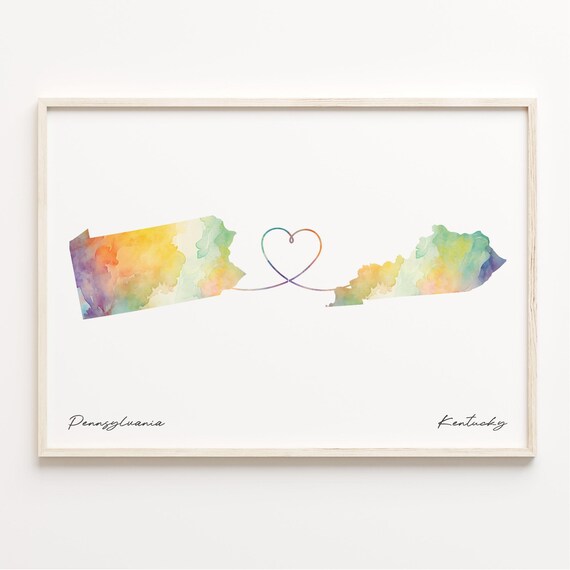 Pennsylvania To Kentucky Watercolor Map Heart Long Distance Gift Poster